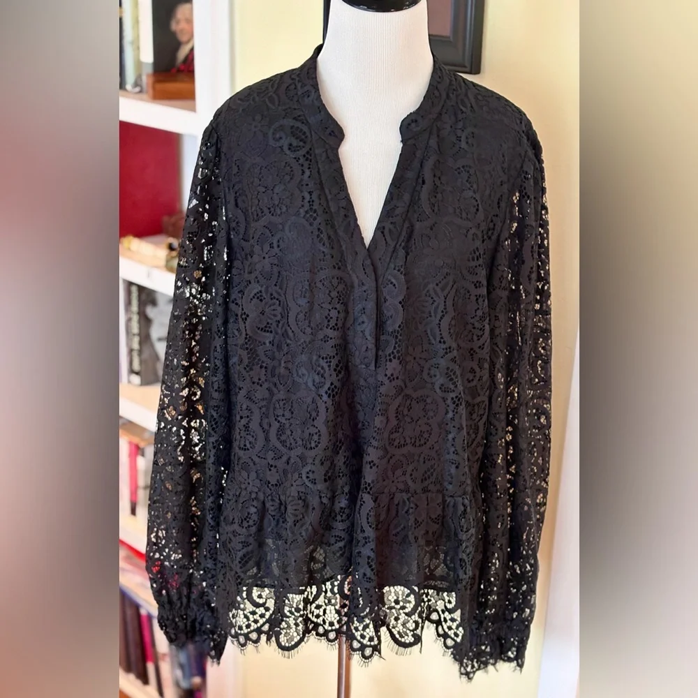 Lilly Pulitzer Blouse Black Lace Jacelynne Peplum Ruffle Hem SZ XL Plus Size - Picture 12 of 13